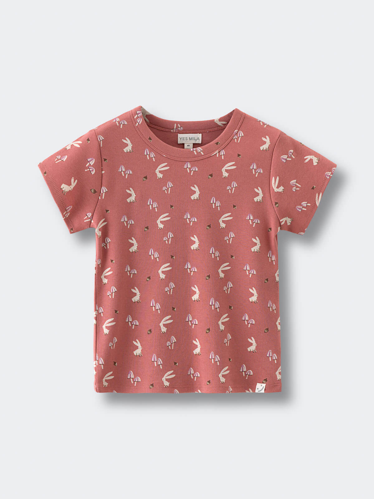 Children's short sleeve t-shirt in coral pink with small bunny and tree print pattern Printed Short Sleeve Tee - Forest Gathering Rosehip Girls