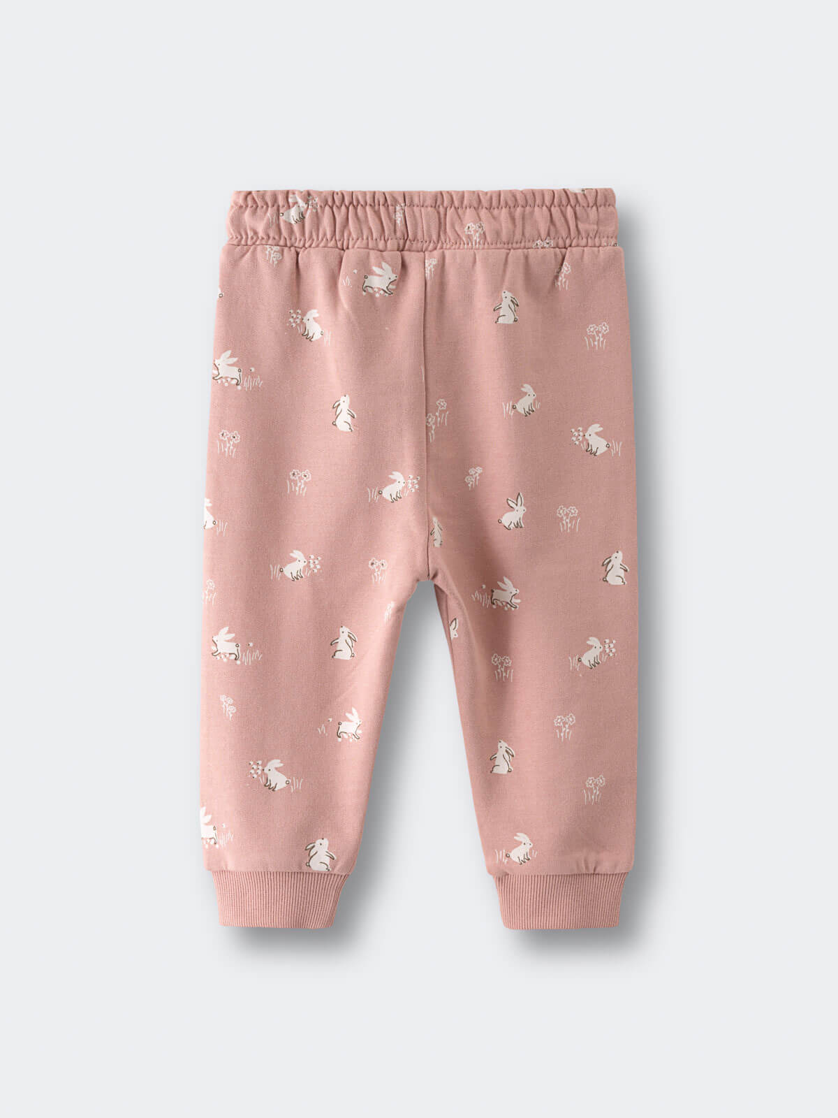 Pink sweatpants with white rabbit and flower print pattern Printed Sweatpants - Meadow Friends Blush Baby girl