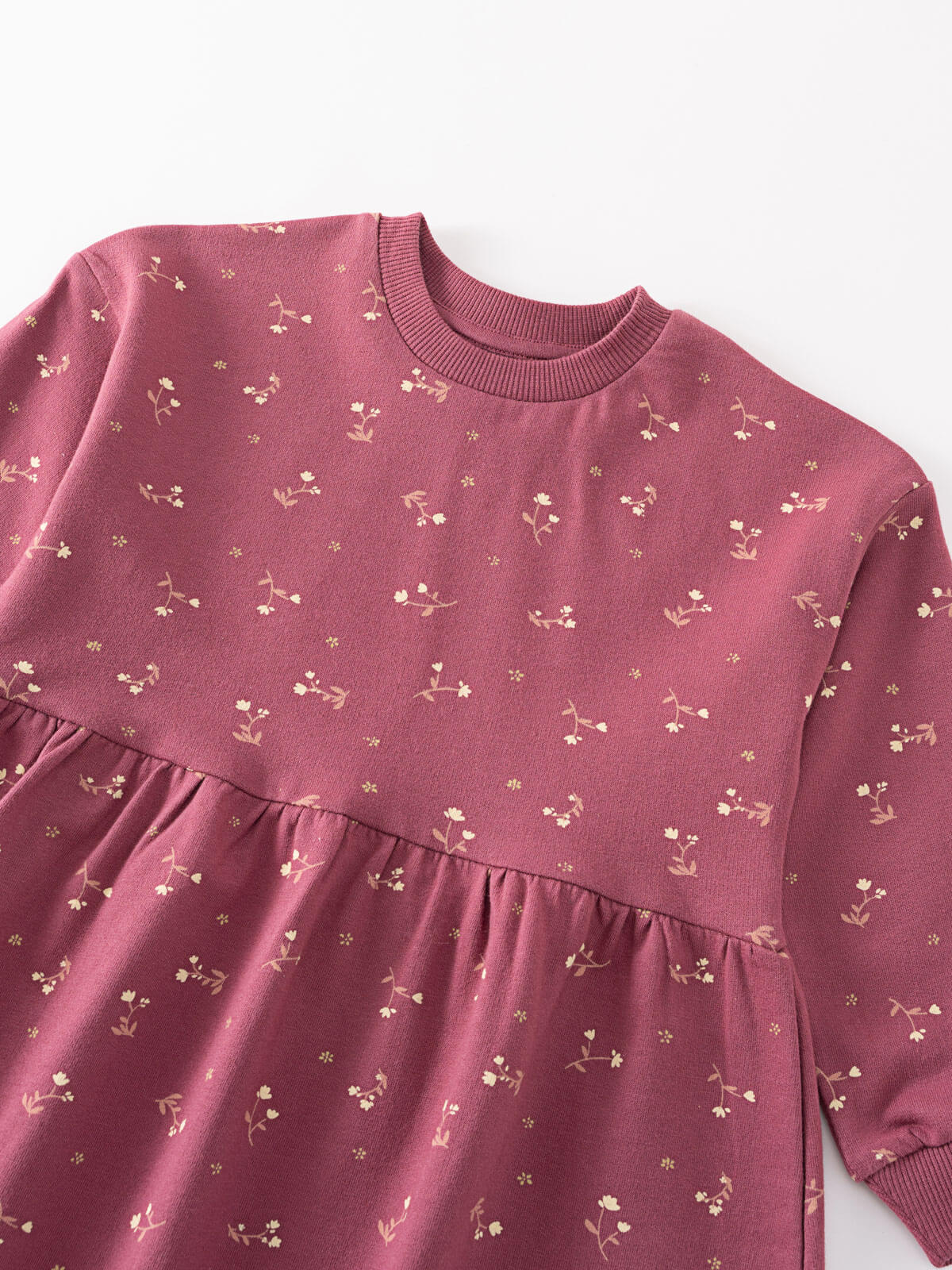 Close-up of a mauve sweatshirt dress with small floral print pattern Sweatshirt Dress - Wild Meadow Plum Jam Girls