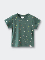 Green t-shirt with small trees, mountains, and moon print pattern Baby Printed Short Sleeve Tee - Mountain View Ecru Baby boy