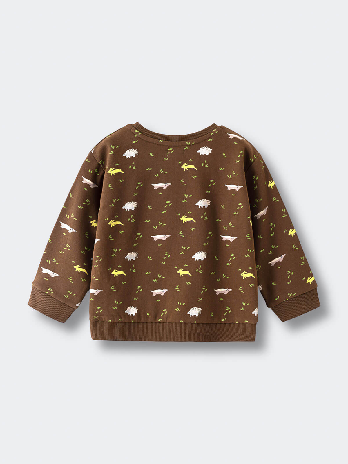 Brown sweatshirt with hedgehog and leaf pattern laid flat Printed Sweatshirt - Wild Friends Spruce Baby boy