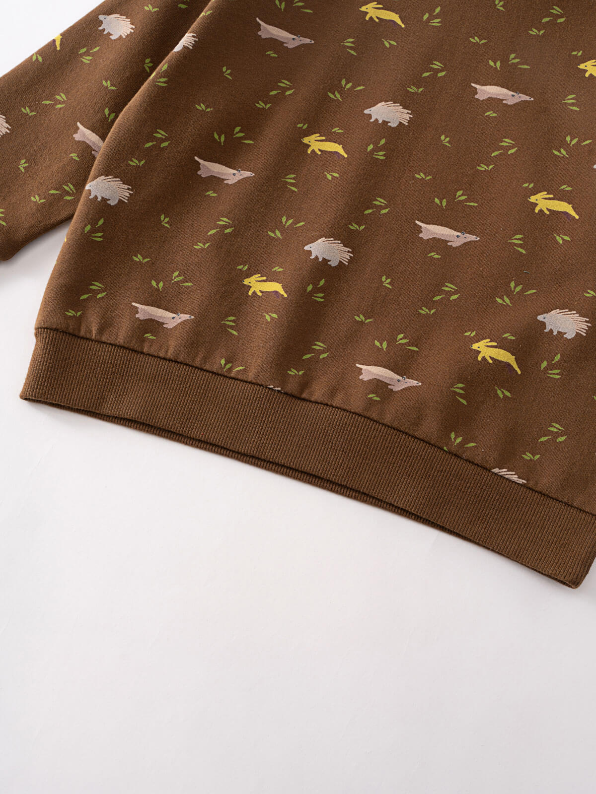 Brown sweatshirt with animal and leaf print pattern, ribbed hem visible Printed Sweatshirt - Wild Friends Spruce Baby boy