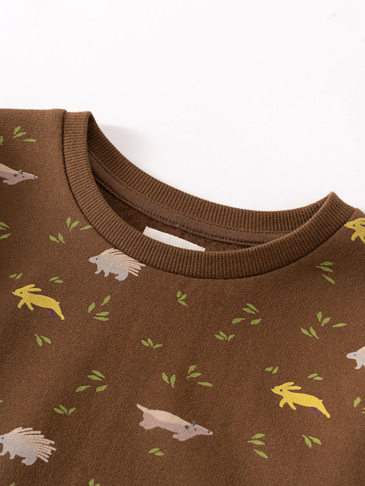 Close-up of brown sweatshirt collar with hedgehog and leaf print pattern Printed Sweatshirt - Wild Friends Spruce Baby boy