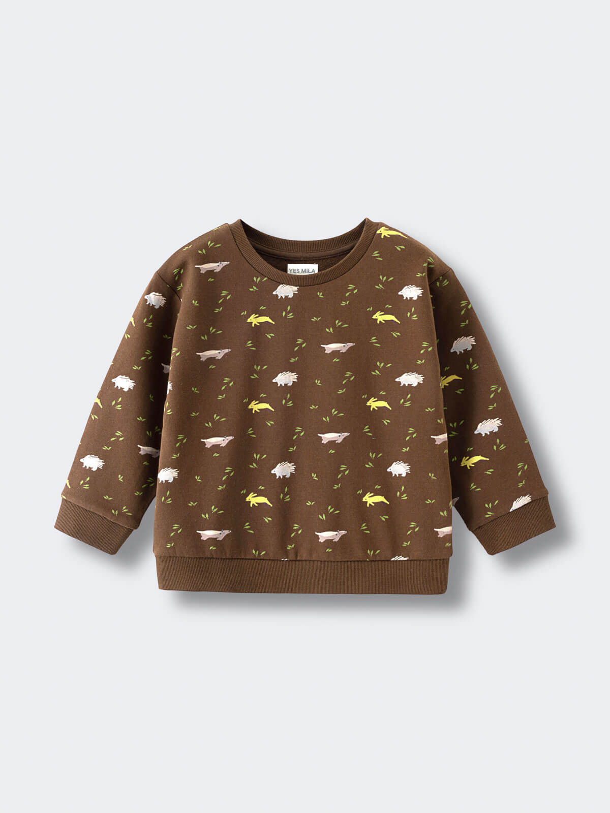 Brown sweatshirt with hedgehog and leaf print pattern on white background Printed Sweatshirt - Wild Friends Spruce Baby boy