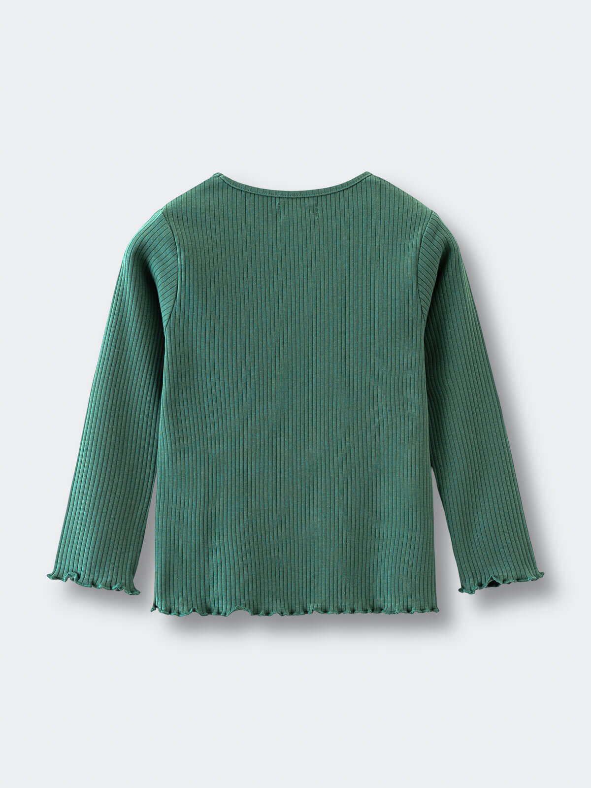 Green ribbed long sleeve shirt with ruffled cuffs and hem laid flat Ribbed Long Sleeve Tee - Balsam Girls