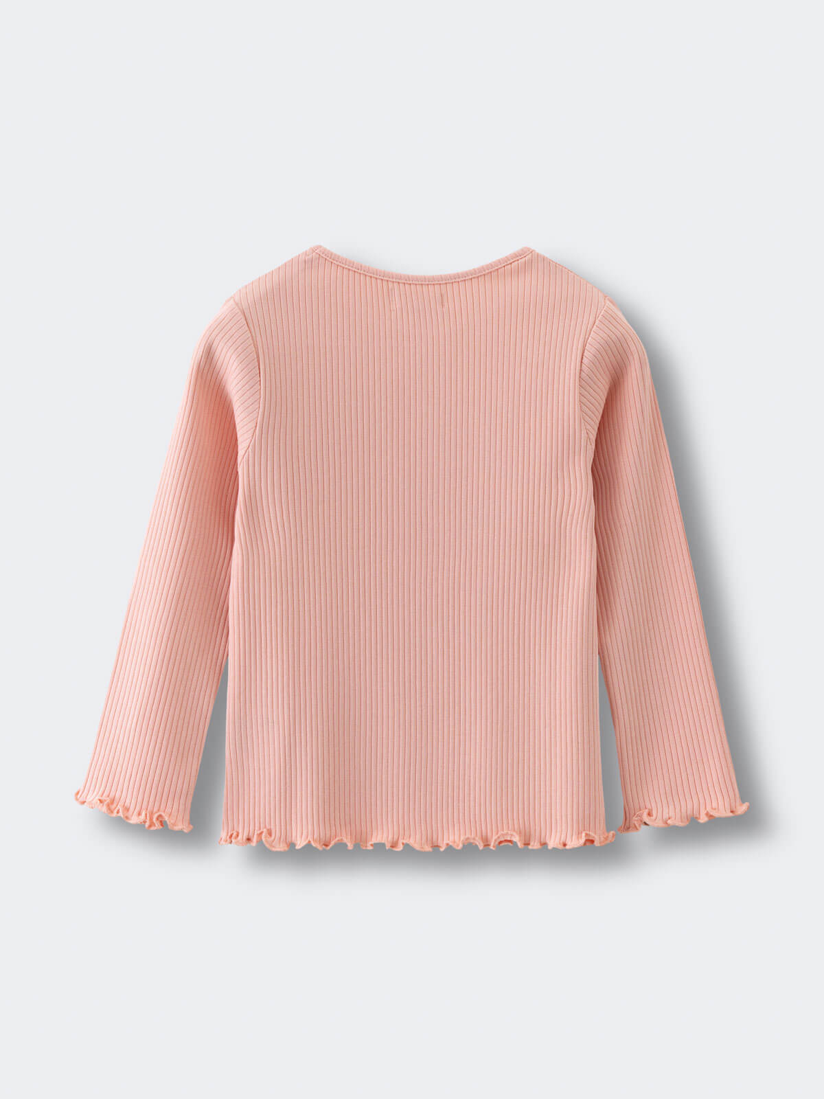 Pink ribbed long sleeve shirt with ruffled hem and cuffs laid flat Ribbed Long Sleeve Tee - Mallow Girls