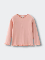 Pink ribbed long sleeve shirt with ruffled hem and cuffs on white background Ribbed Long Sleeve Tee - Mallow Girls