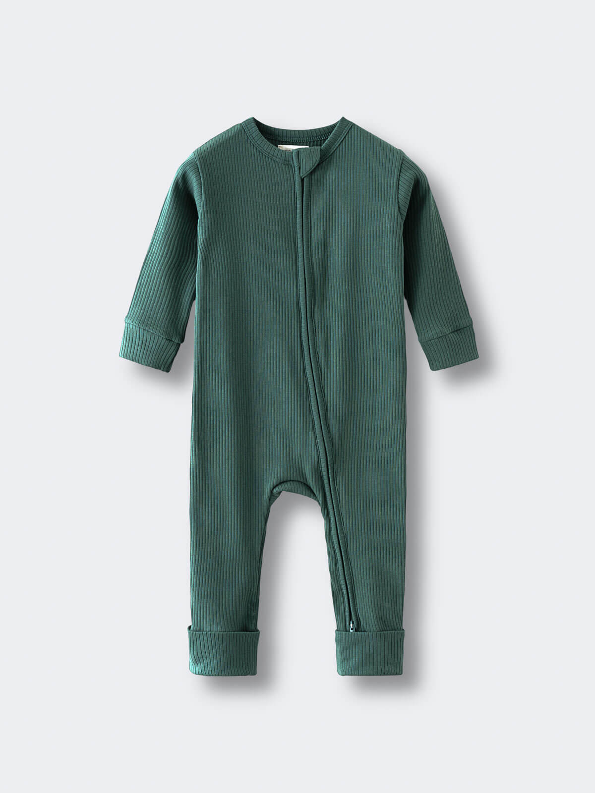 Green ribbed baby romper with zipper closure and fold-over cuffs Ribbed Long Sleeve One Piece - Balsam Baby boy