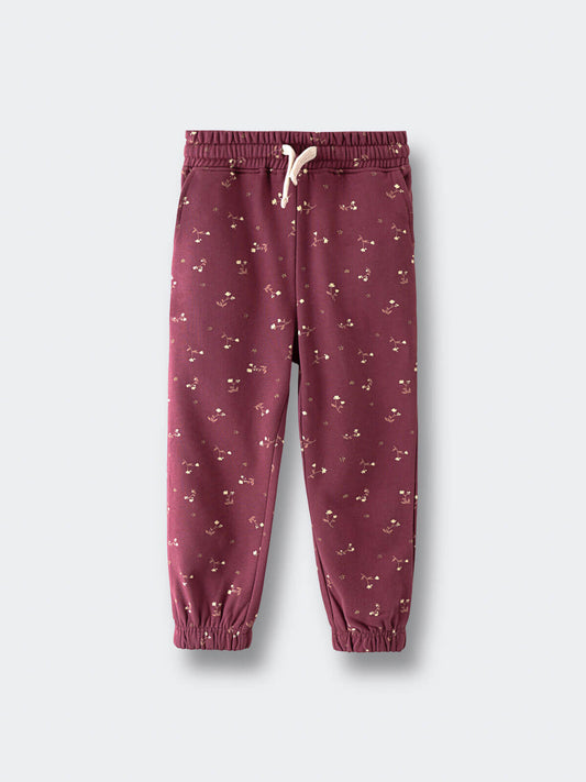 Burgundy joggers with small floral print and elastic cuffs on light background Sweatpants - Wild Meadow Plum Jam Girls