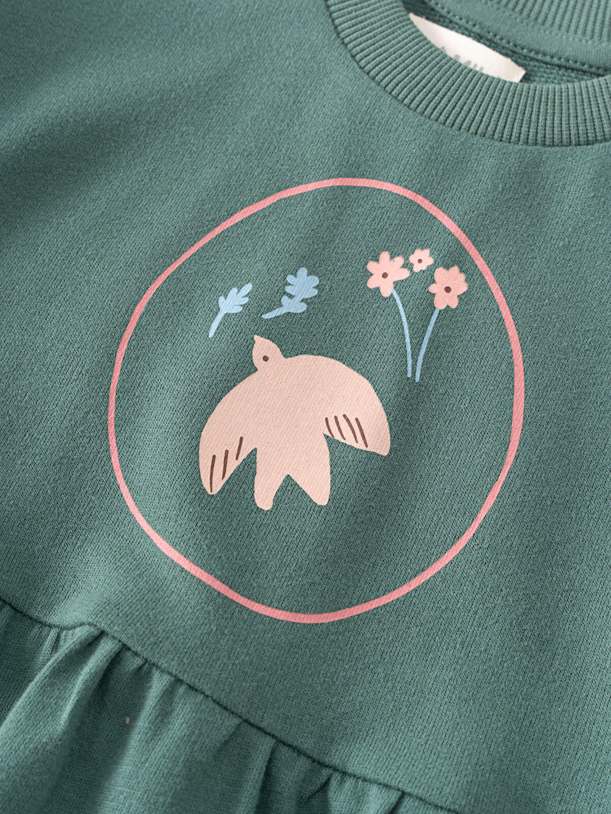 Close-up of green sweatshirt with pink bear and flower design Sweatshirt Dress - Dove Girls