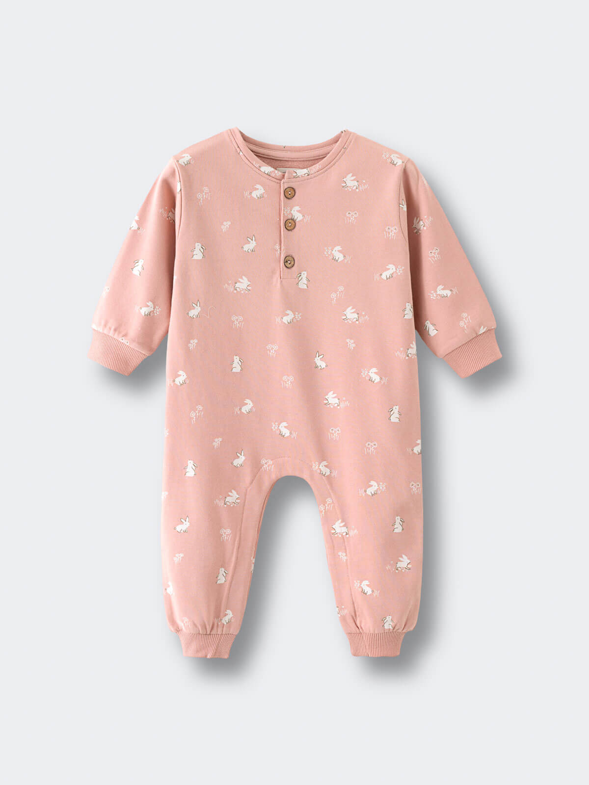 Pink baby onesie with white rabbit pattern and button placket Sweatshirt Onesie - Meadow Friends Blush Baby girl