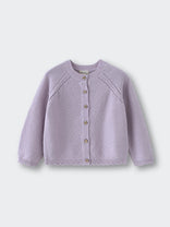 Light purple knitted cardigan with buttons laid flat on white surface Anna Cardigan - Lilac Baby boy
