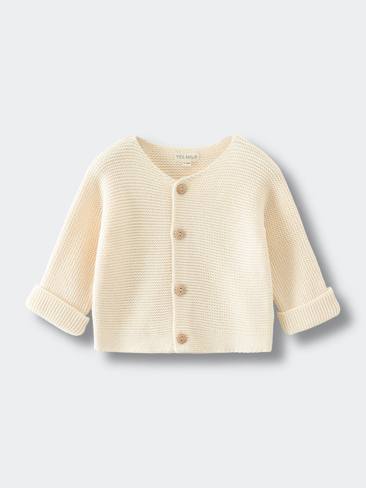 Beige baby knitted cotton cardigan on a light gray background Baby Cotton Cardigan - Ecru Baby boy