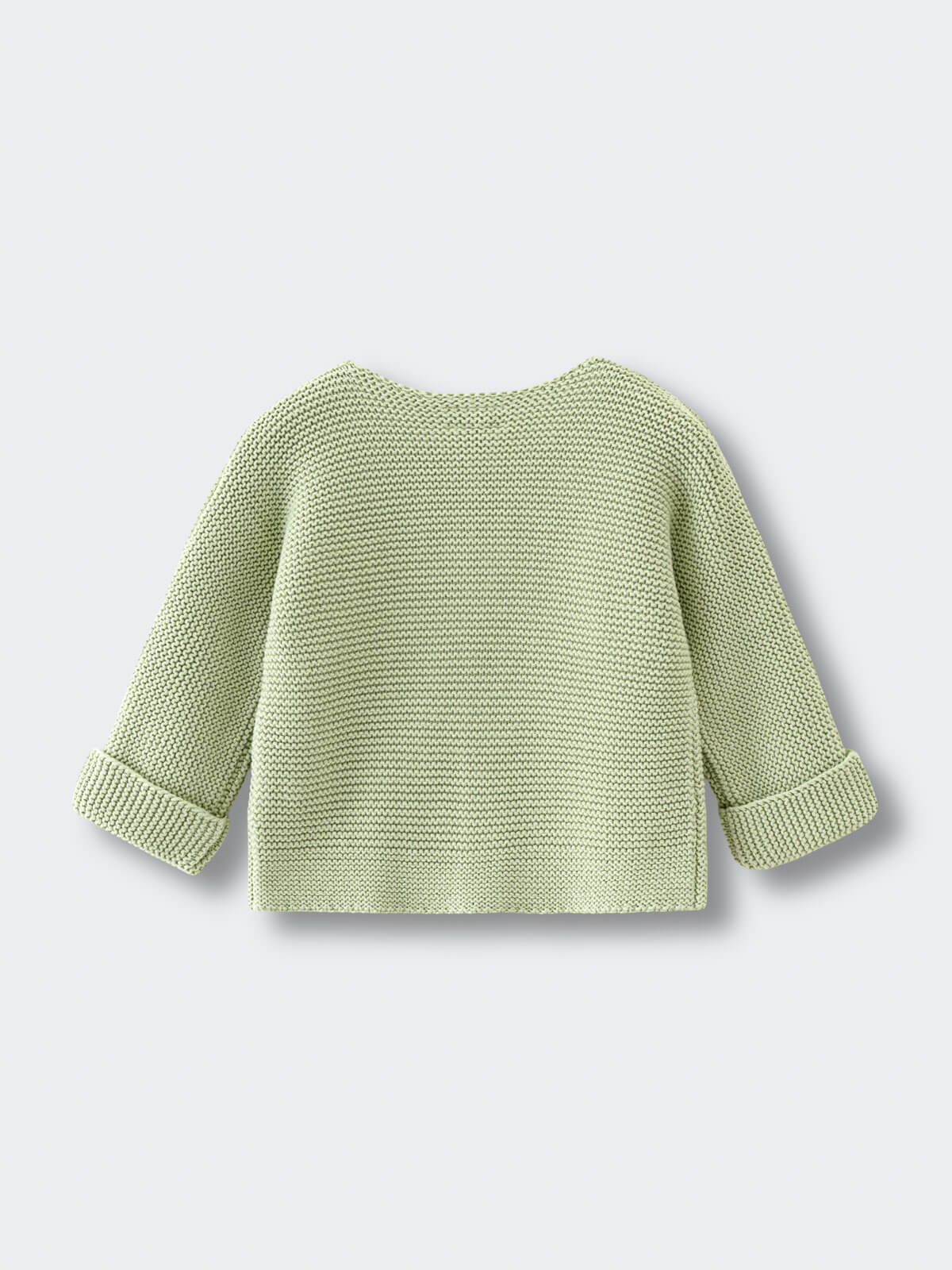 Light green knitted cotton cardigan on a light gray background Baby Cotton Cardigan - Sage Baby boy
