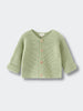Green baby knitted cotton cardigan on a light gray background Baby Cotton Cardigan - Sage Baby boy