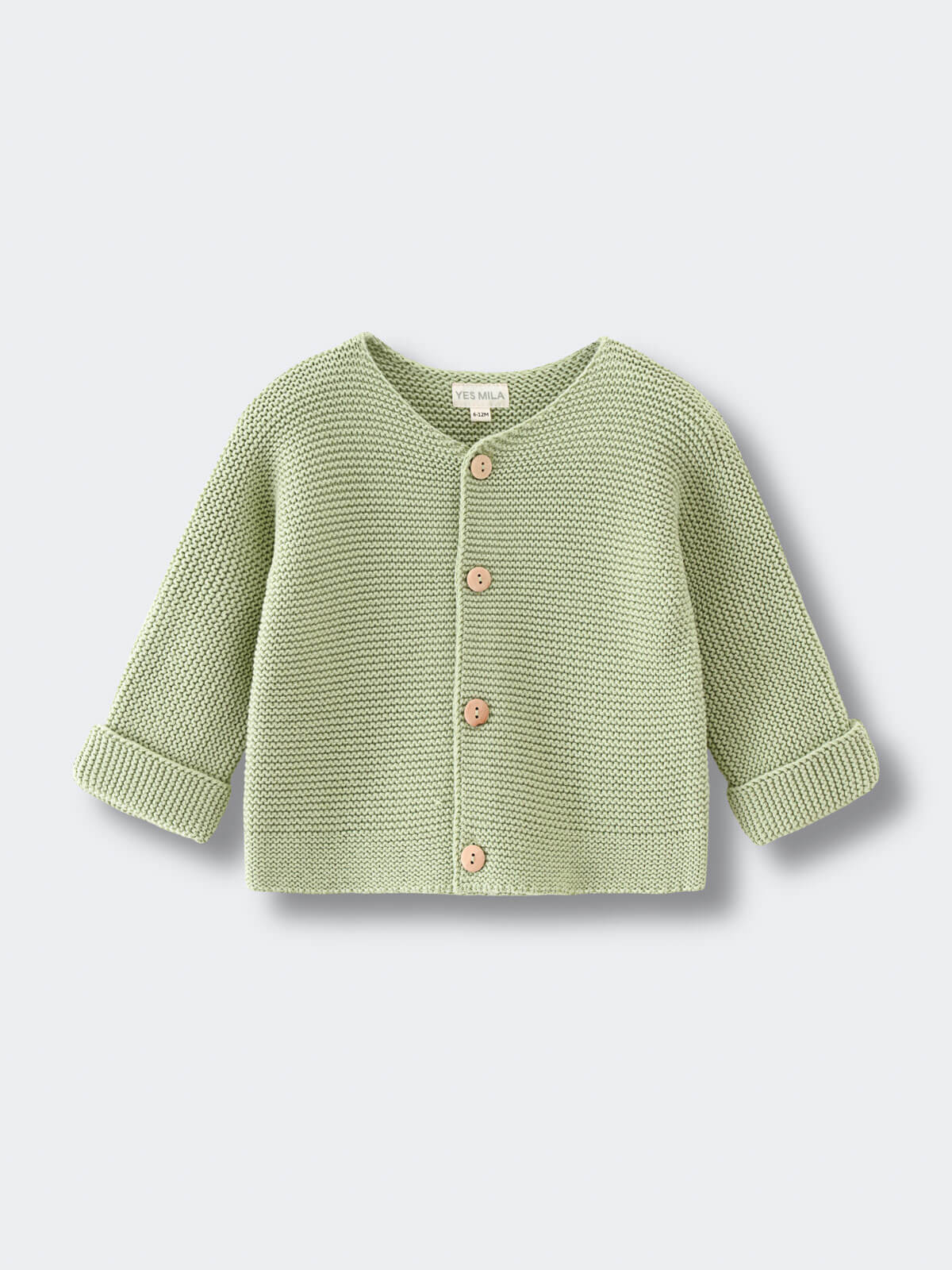 Green baby knitted cotton cardigan on a light gray background Baby Cotton Cardigan - Sage Baby boy