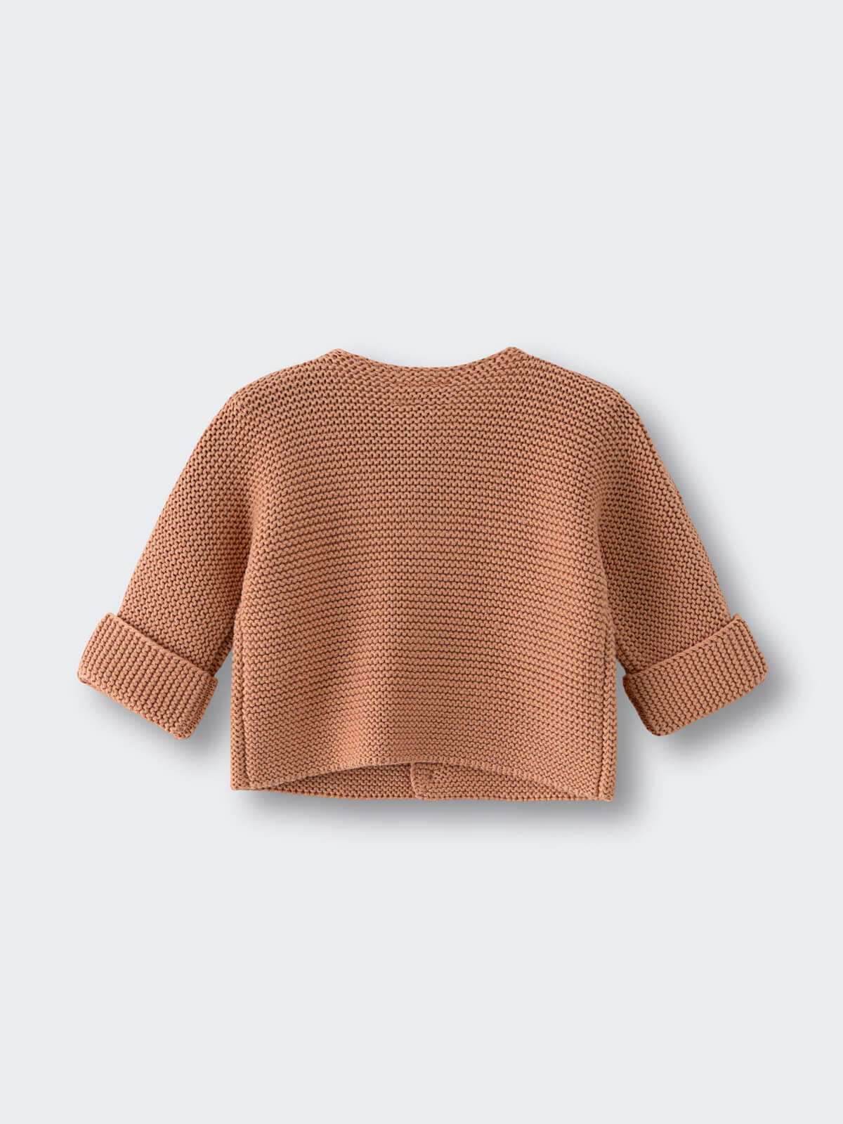 Knitted baby cardigan in caramel color laid flat on light background Baby Cotton Cardigan - Salted Caramel Baby boy