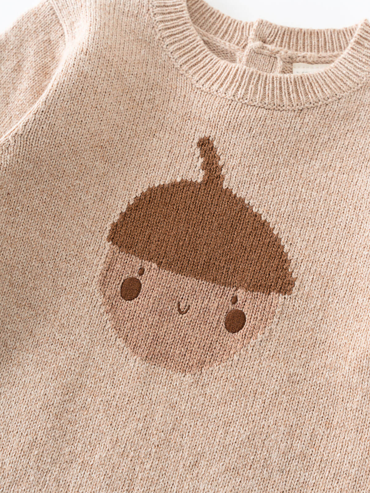 Beige sweater with a brown embroidered face design on a beige background Baby Feature Print Jumper - Little Acorn Baby boy