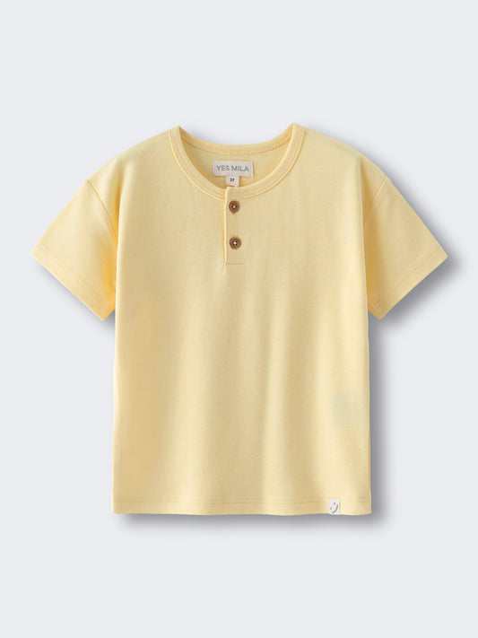Yellow short-sleeved shirt with two buttons at neckline on white background Baby Henley Tee - Sun Soaked Baby boy