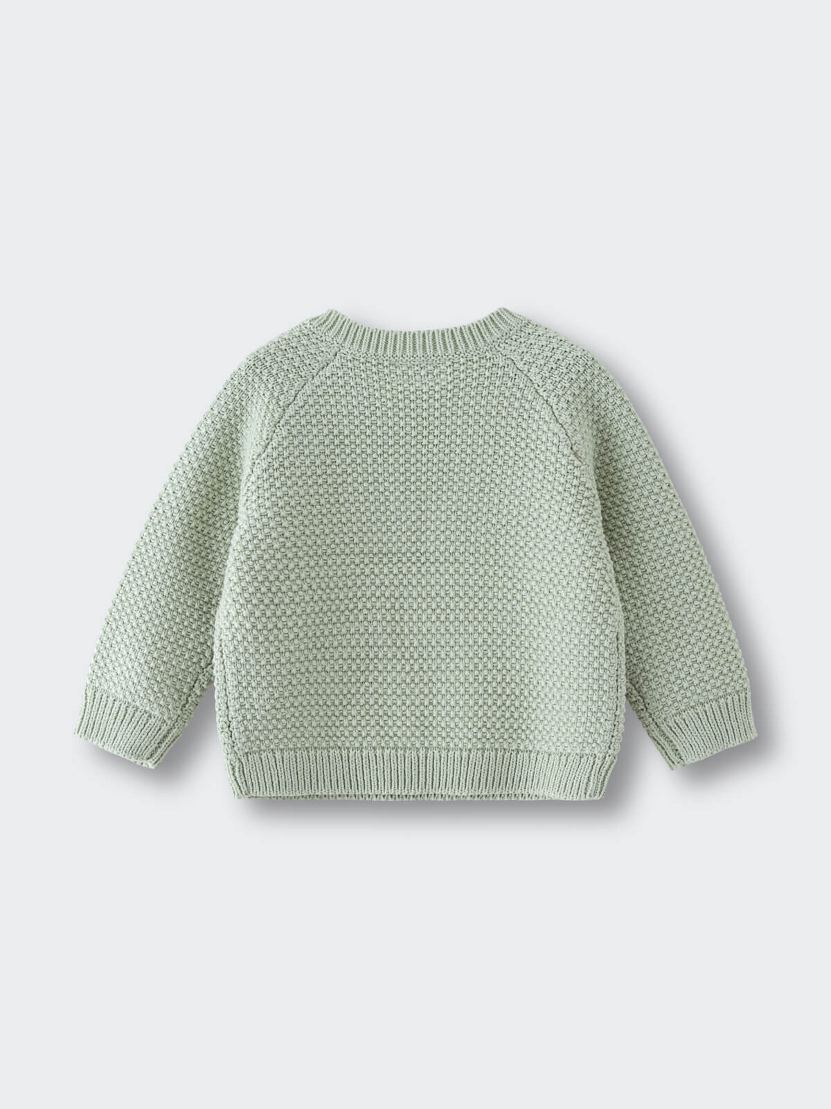 Light green knitted baby sweater laid flat on white background Baby Knit Jumper - Mint Baby boy