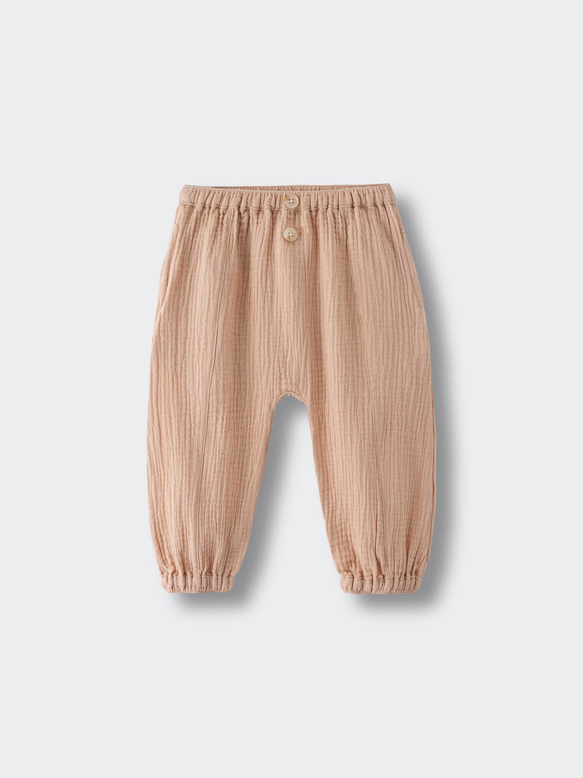 Beige ribbed baby pants with elastic waist and button detail Baby Muslin Pants - Sand Baby boy
