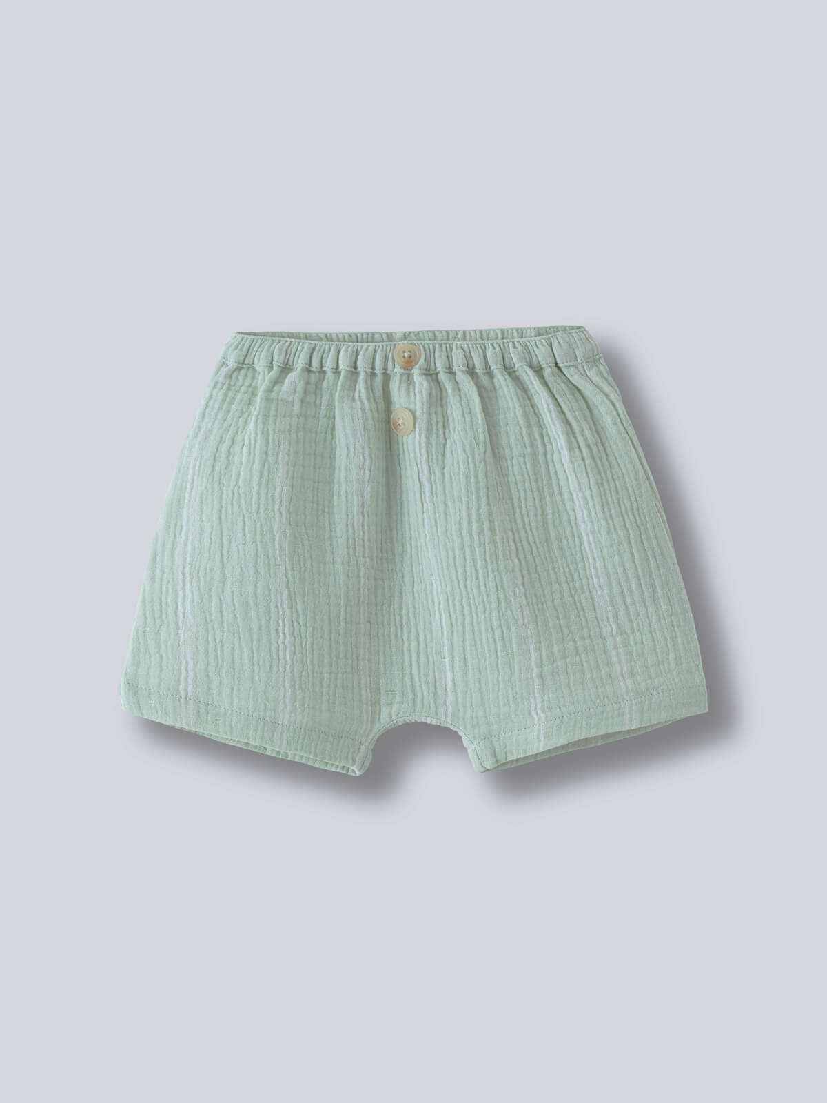 Light green striped shorts with elastic waistband and two buttons on a gray background Muslin Shorts - Light Green Stripe Baby boy