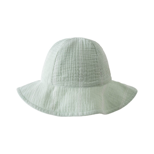 Pale green textured cotton sun hat with wide brim on white background Baby Muslin Sun Hat - Green Stripe Baby boy