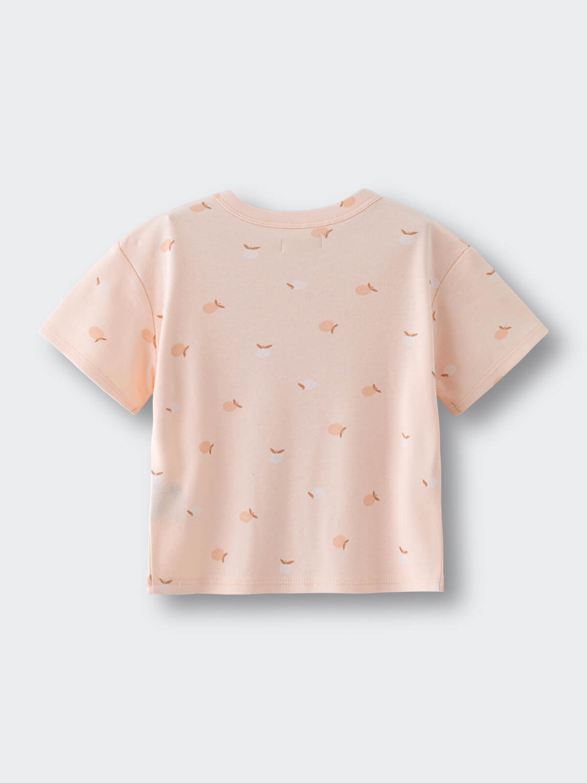 Light pink short sleeve t-shirt with small apple print pattern laid flat Baby Printed Short Sleeve Tee- Apples Baby girl