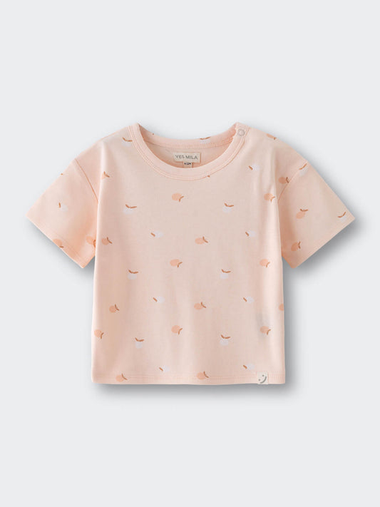 Light peach t-shirt with small apple print pattern throughout Baby Printed Short Sleeve Tee - Apples Baby girl