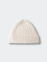 White knit beanie on a light gray background Baby Ribbed Beanie - Ecru Baby boy