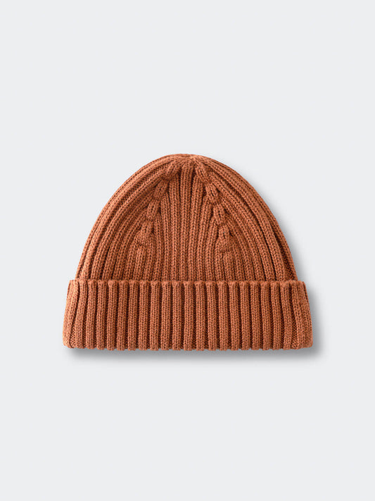 Brown knit beanie on a light gray background Baby Ribbed Beanie - Russet Baby boy