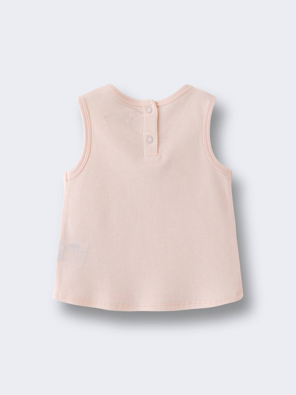 Back view of a pale pink sleeveless baby tee with two buttons at the neck Baby Sleeveless Tee - Octy Baby girl