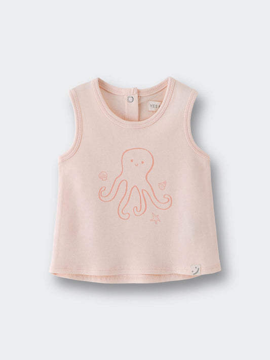 Peach sleeveless baby tee with octopus and sea creature print Baby Sleeveless Tee - Octy Baby girl