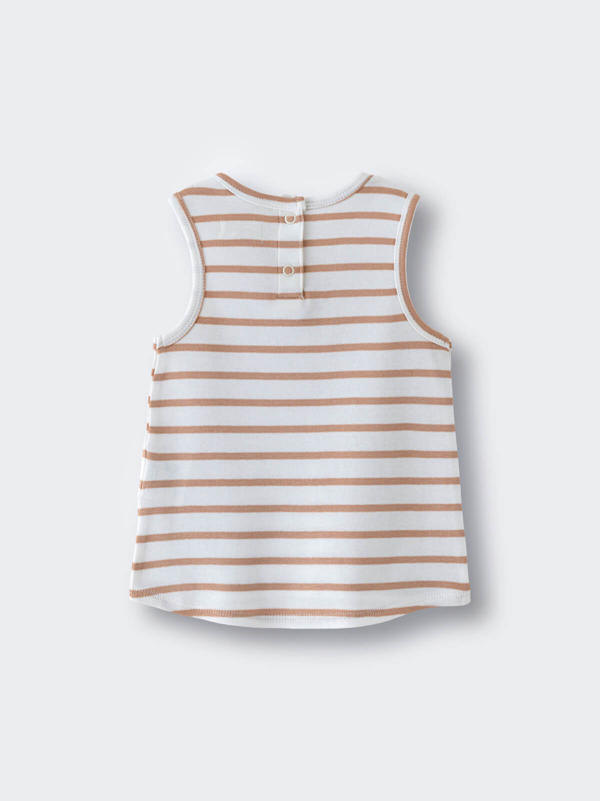 Striped sleeveless baby tee laid flat showing back with button closure Baby Sleeveless Tee - Sand Stripe Baby boy