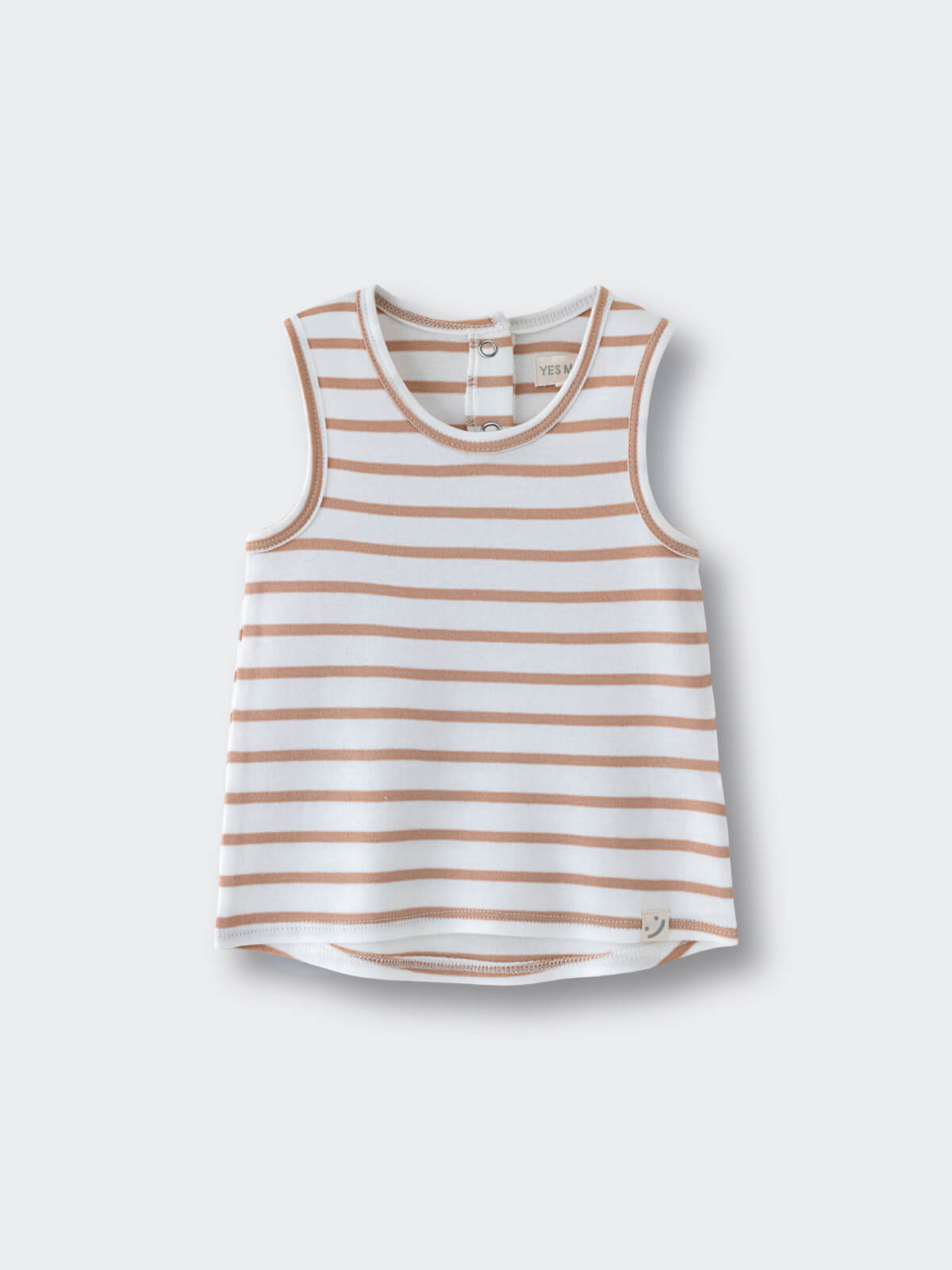 Striped sleeveless tank top with snap closure at shoulder lying flat Baby Sleeveless Tee - Sand Stripe Baby boy