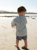 A toddler standing on a sandy beach, viewed from behind, wearing a light blue and white vertically striped short-sleeve shirt with three brown buttons at the back and blue shorts.