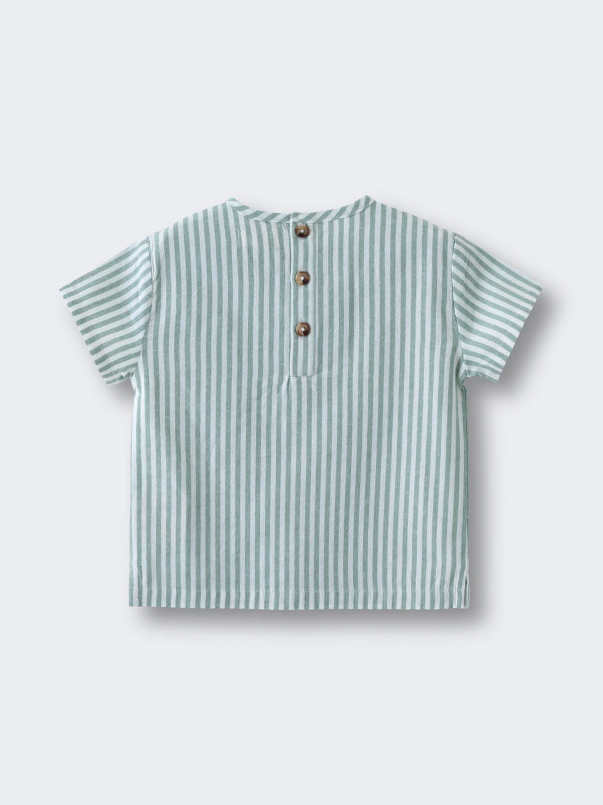 Striped green and white short-sleeved shirt with three brown buttons at the neck Baby Woven Stripe Tee Shirt - Mint Stripe Baby boy