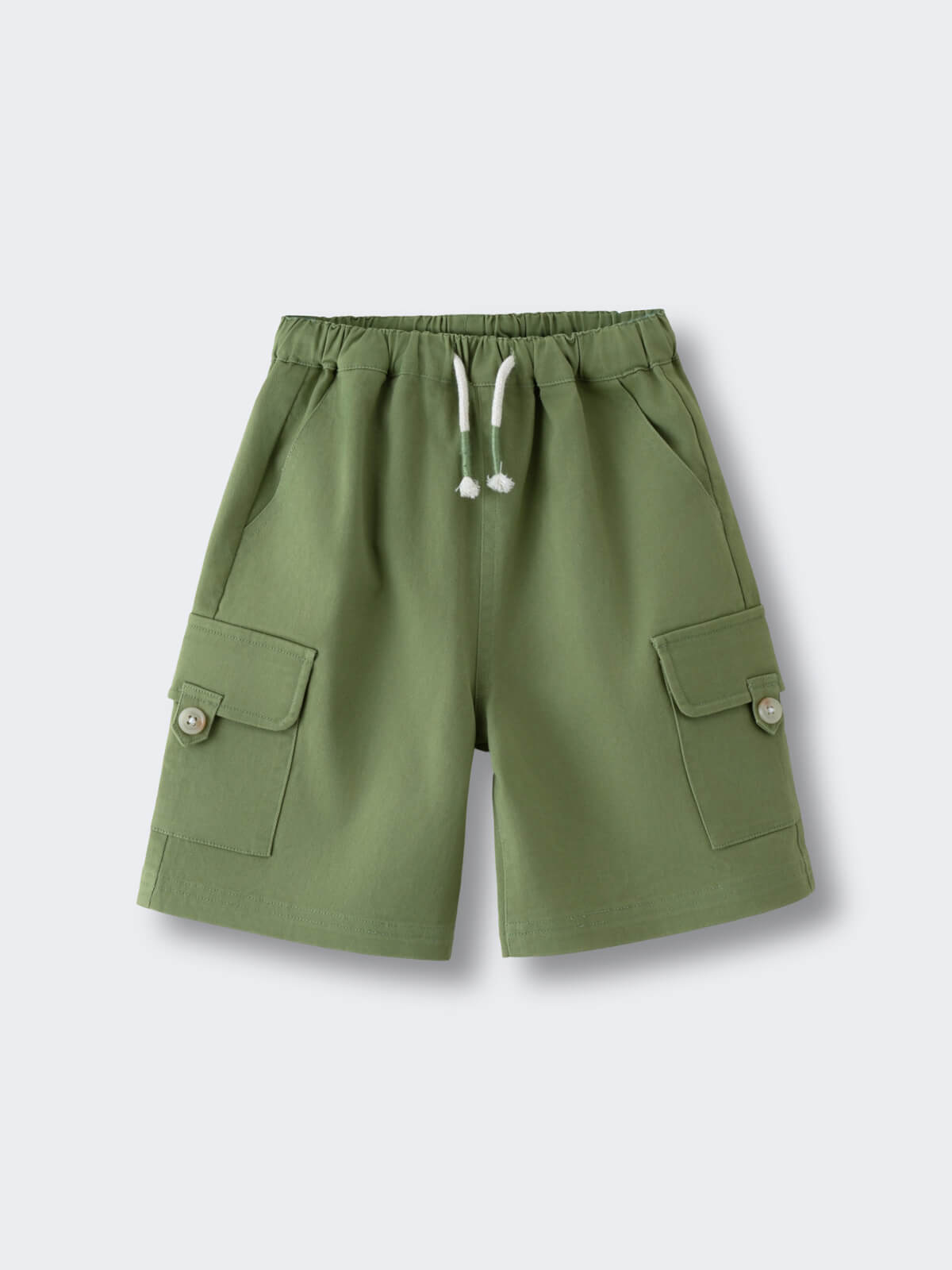 Green cargo shorts with white drawstring and buttoned pockets on a flat surface Cargo Shorts - Calla Green Boys