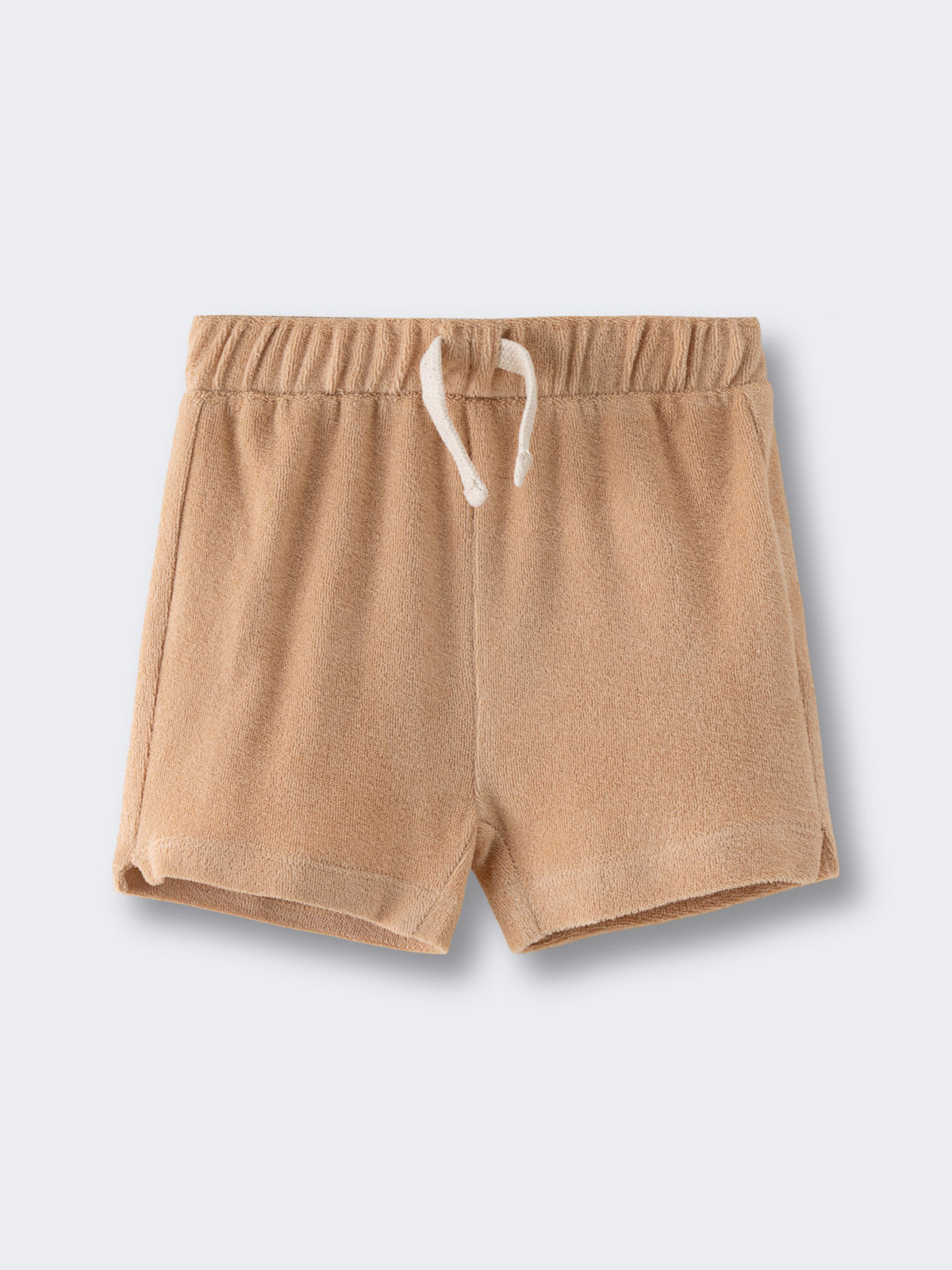 Beige terry cloth shorts with white drawstring on gray background Carter Towelling Shorts - Sand Baby boy