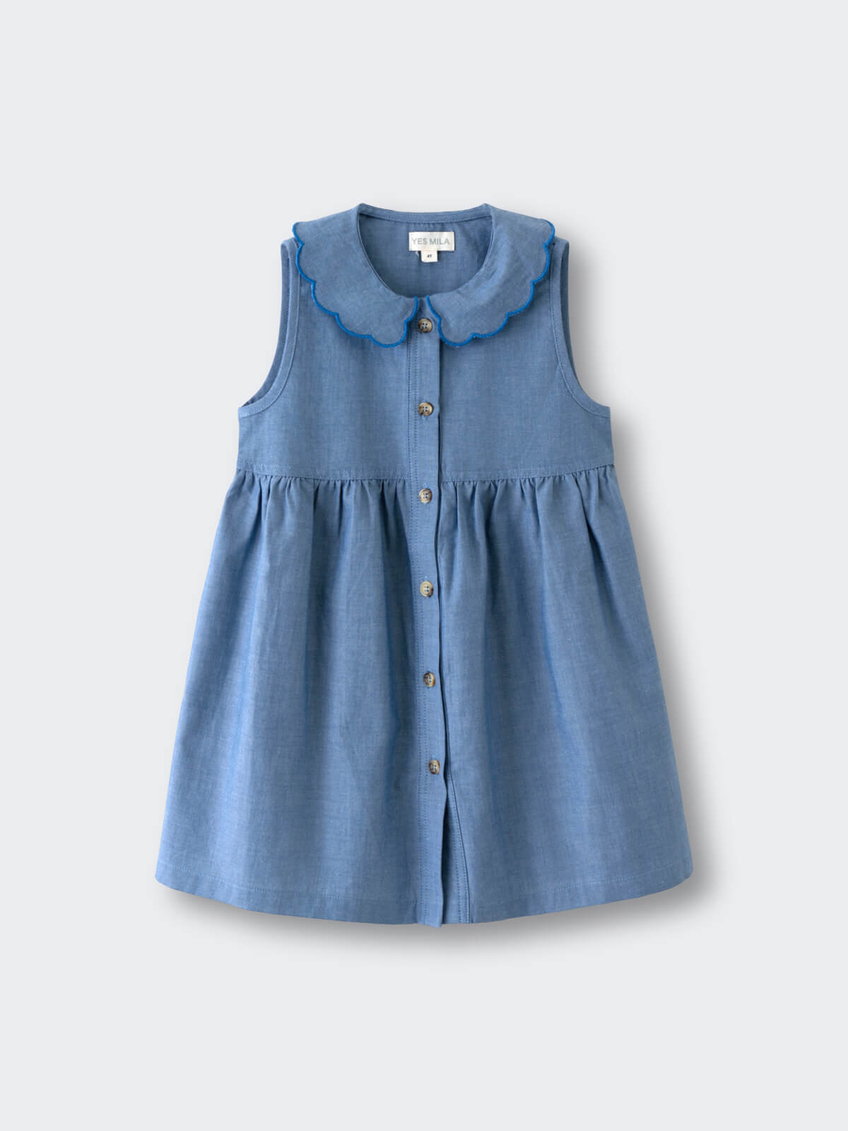 Sleeveless blue chambray dress with scalloped collar and button front closure Chambray Dress - Blue Chambray Girls