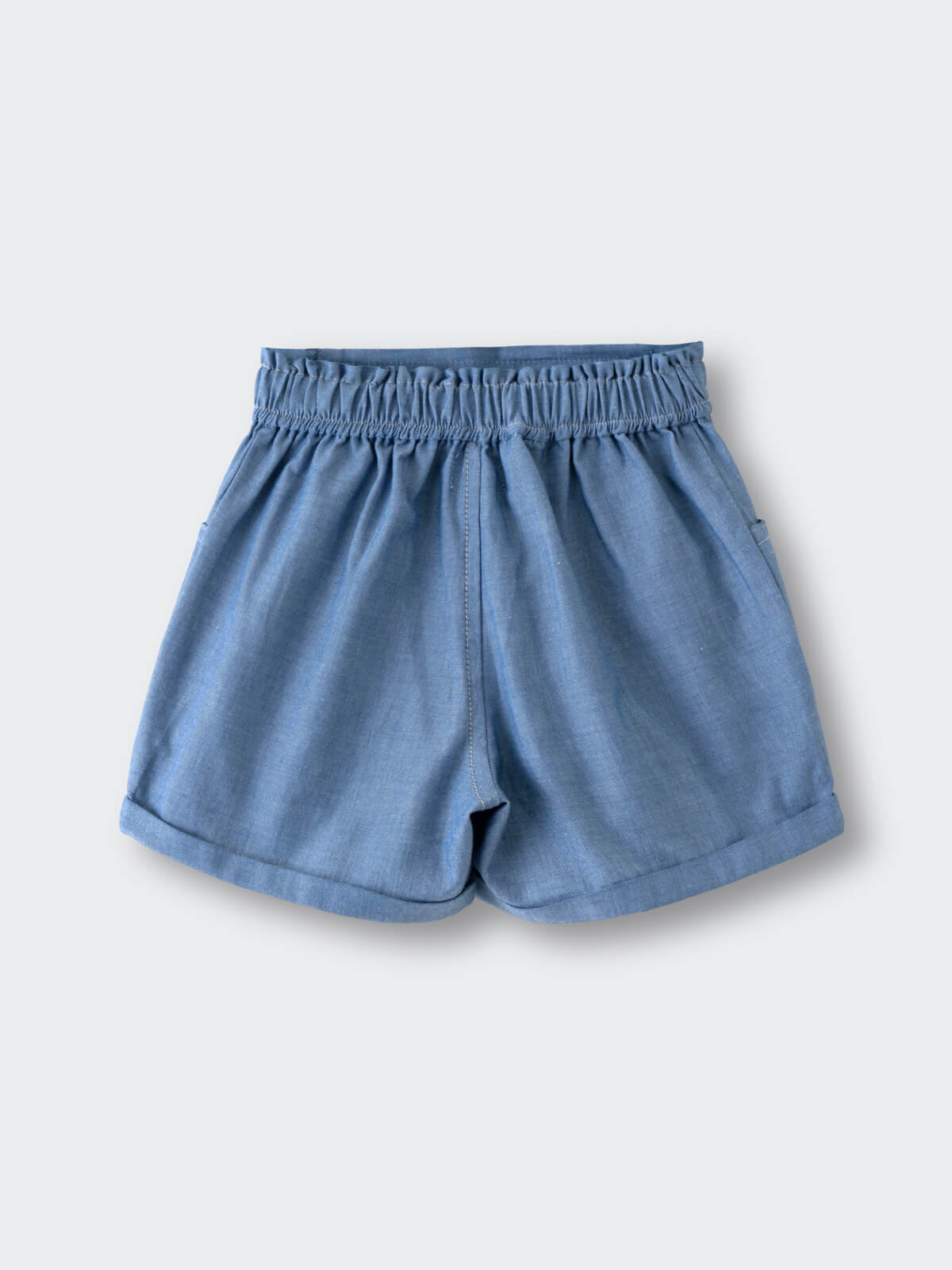 Light blue chambray shorts with elastic waistband and rolled cuffs Chambray Shorts - Blue Chambray Girls
