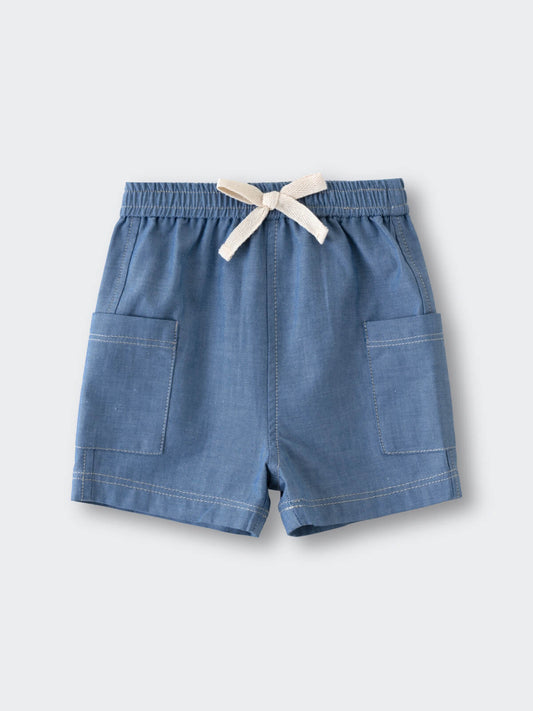 Blue chambray shorts with elastic waist and cream drawstring tie Chambray Shorts - Blue Chambray Baby boy