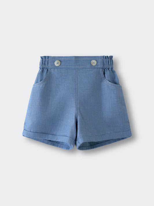 Blue chambray shorts with elastic waistband and decorative buttons Chambray Shorts - Blue Chambray Girls