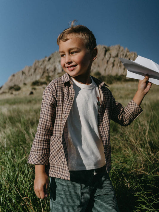 Child holding a paper airplane in a grassy field with mountains in the background Check Shirt - Muslin Cotton Check Boys