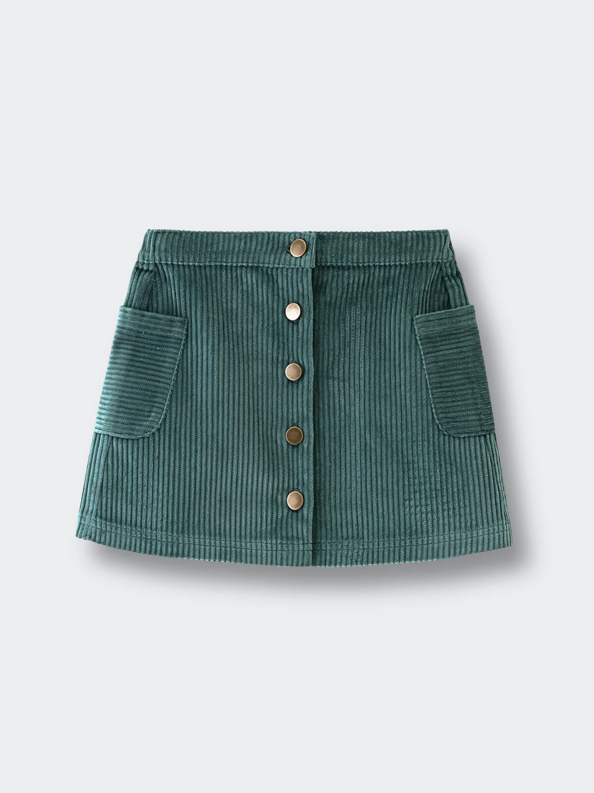 Green corduroy skirt with button details on a light gray background