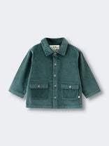 Teal corduroy jacket with collar, button front, and chest pockets laid flat Corduroy Jacket - Balsam Girls and Boys