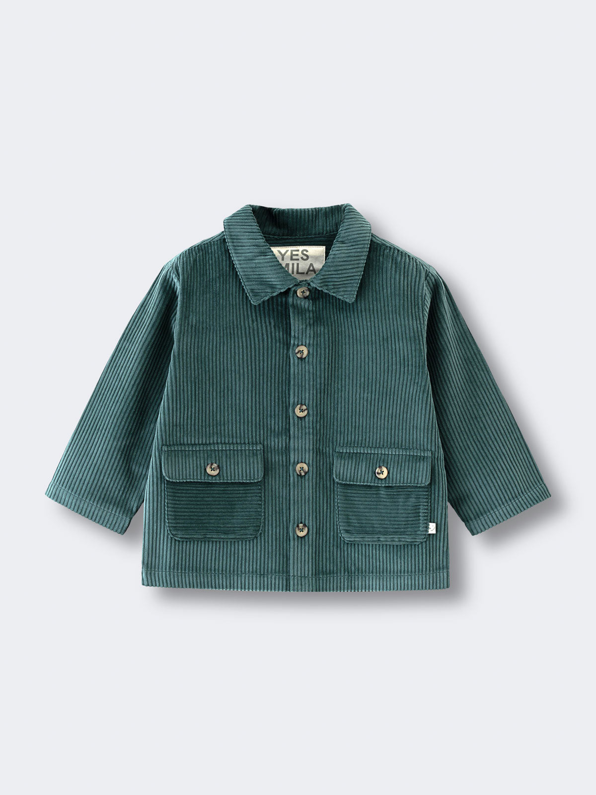 Teal corduroy jacket with collar, button front, and chest pockets laid flat Corduroy Jacket - Balsam Girls and Boys