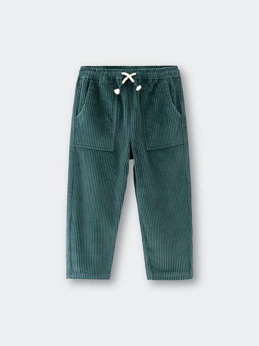 Green corduroy pants with a drawstring on a light gray background Corduroy Pants - Balsam Girls and Boys