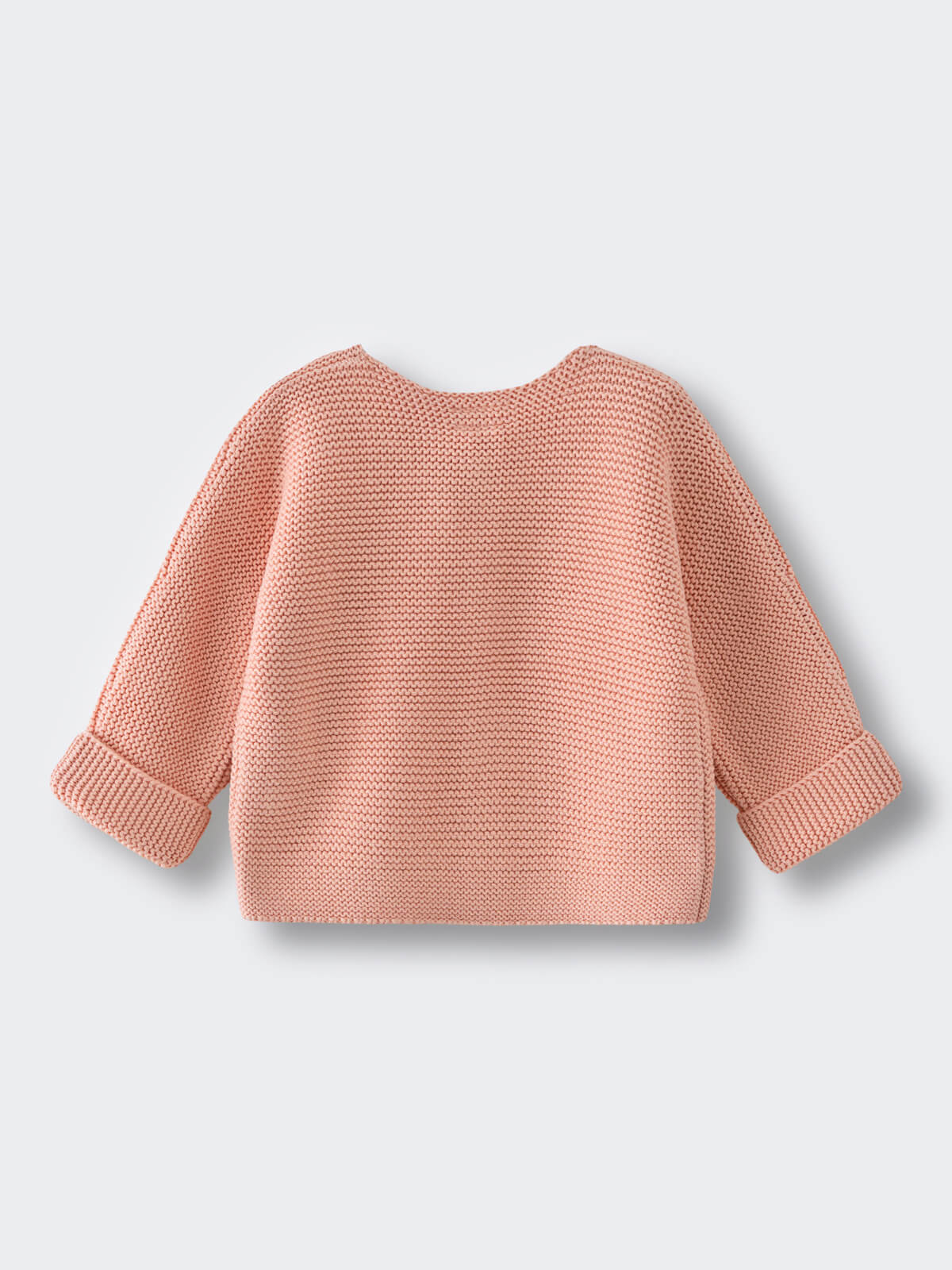 Pink knitted baby cardigan laid flat on a light background Cotton Cardigan - Toasted Peach Baby girl