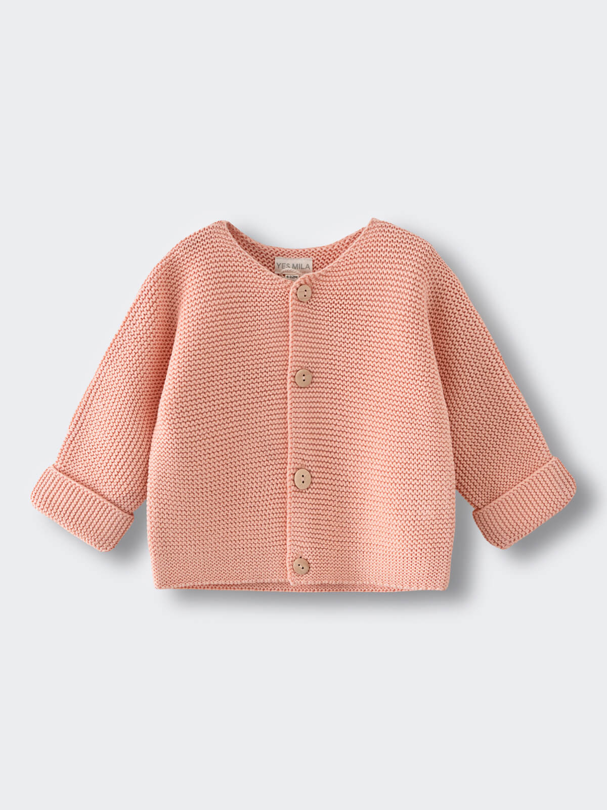 Pink knitted baby cardigan with buttons laid flat on white background Cotton Cardigan - Toasted Peach Baby girl